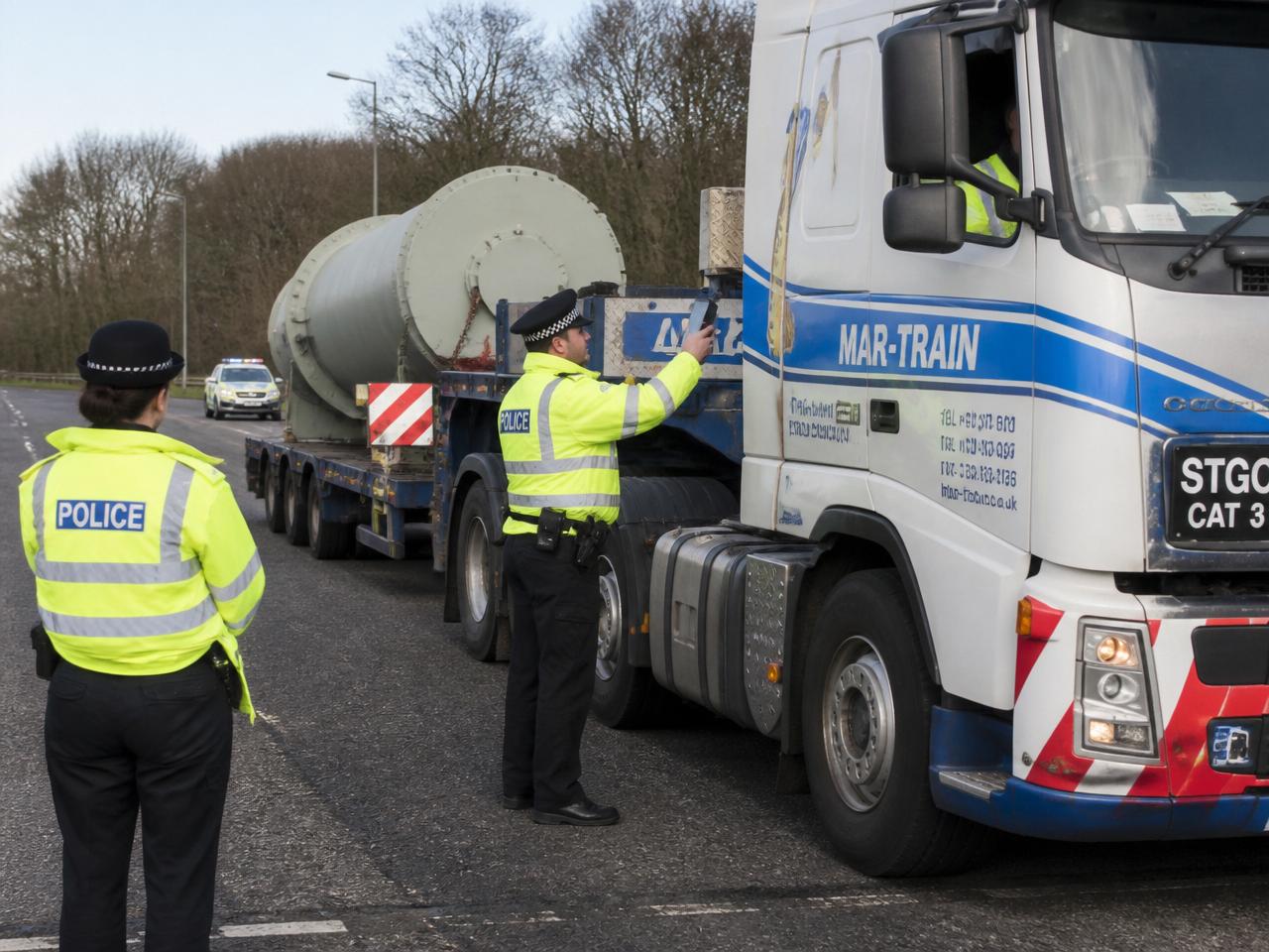 UK police officers in hi-vis jackets inspecting a heavy haulage abnormal load at a roadside checkpoint